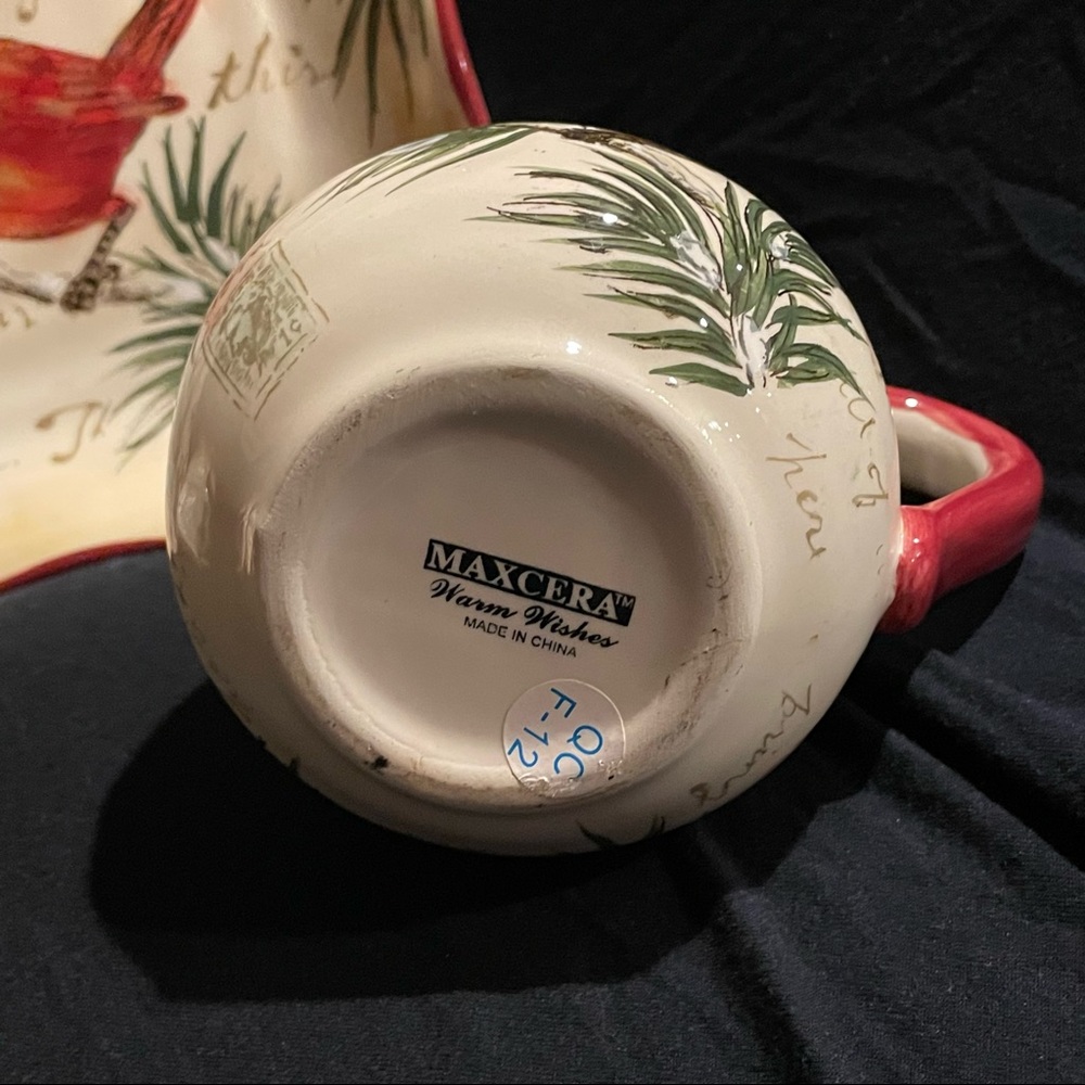 Maxcera “Warm Wishes” Plate/Creamer/Sugar Bowl Set - Seasons Greetings Cardinals - Picture 13 of 16